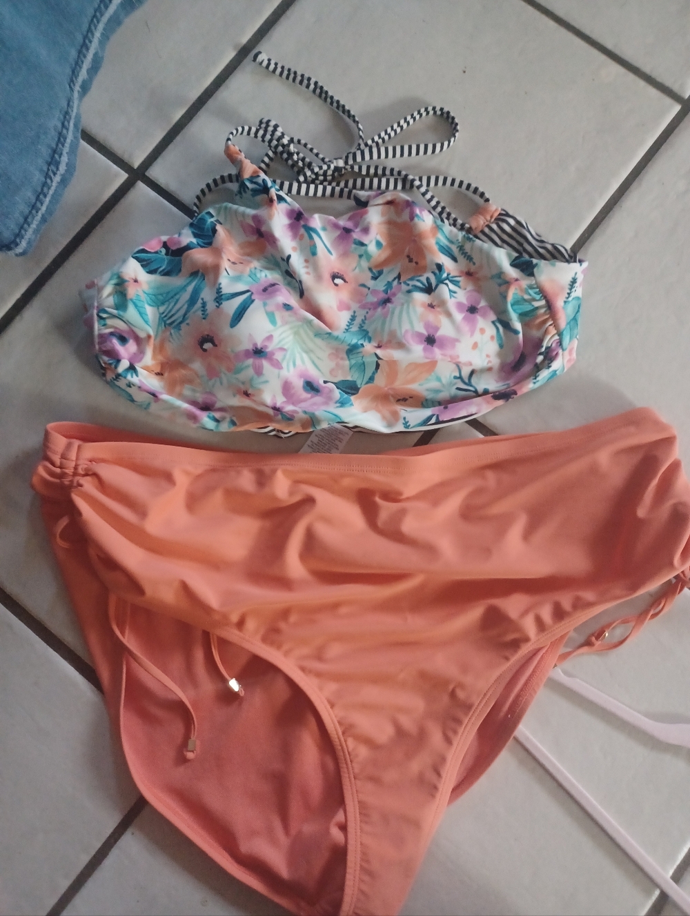 Floral Halter Bikini Top with Peach High-Waist Bottoms - Women Swim
